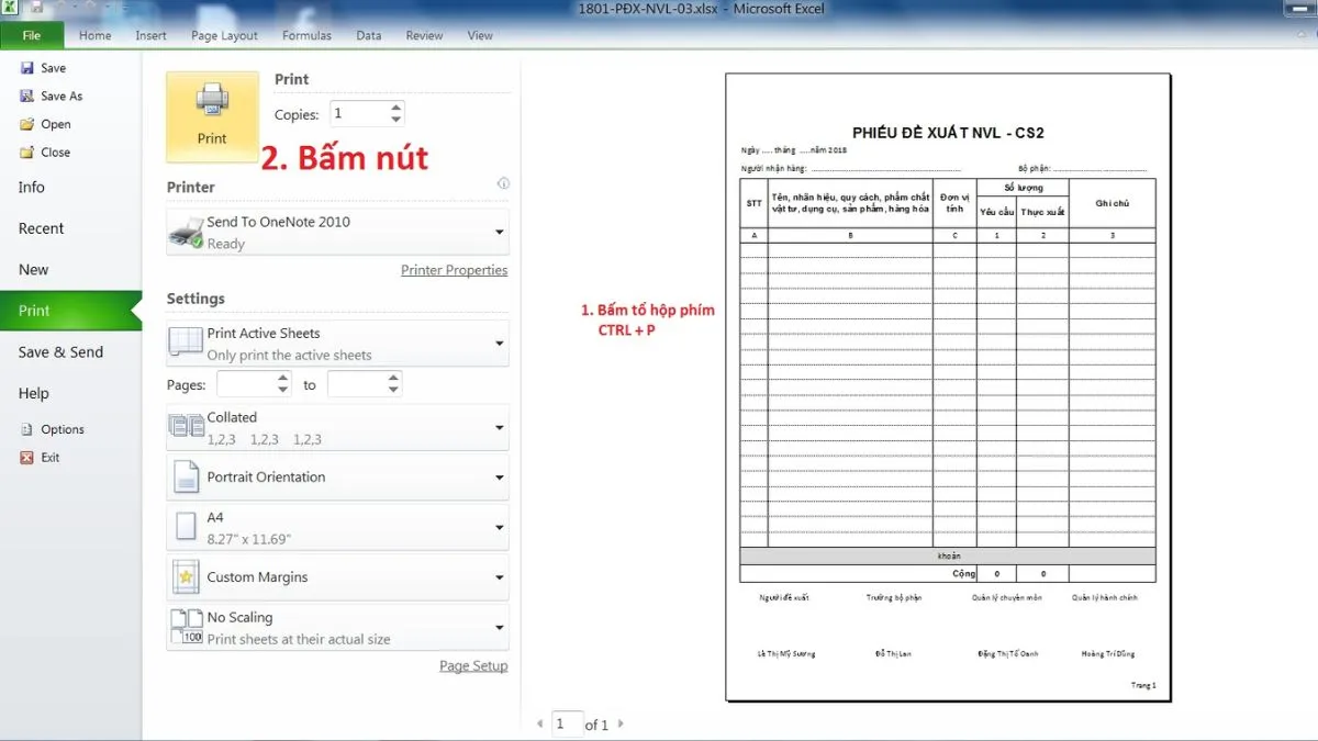 Thao tác sử dụng tổ hợp phím tắt Ctrl + P để in tài liệu nhanh