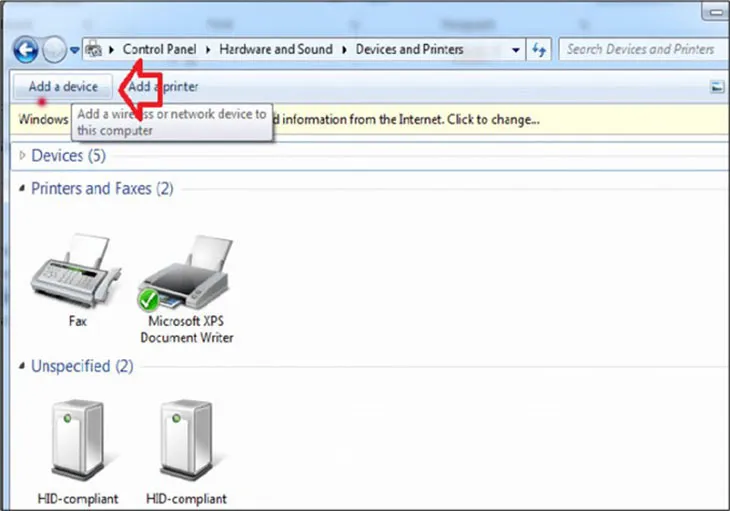 Thêm thiết bị Windows 7