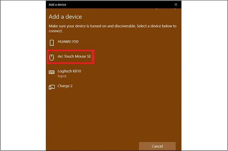 Chọn chuột trong danh sách thiết bị Bluetooth