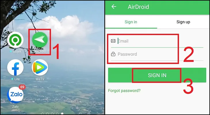 Đăng nhập AirDroid trên điện thoại