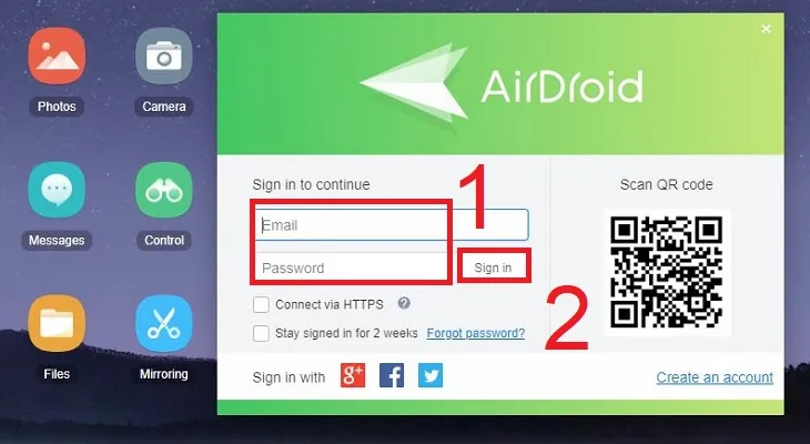 Giao diện AirDroid Web trên máy tính