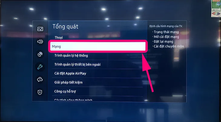 Mục cài đặt mạng trên tivi Samsung