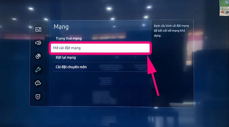Mục mở cài đặt mạng trên tivi Samsung