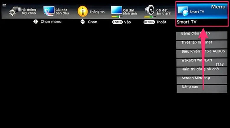 Giao diện menu cài đặt mạng trên tivi Sharp