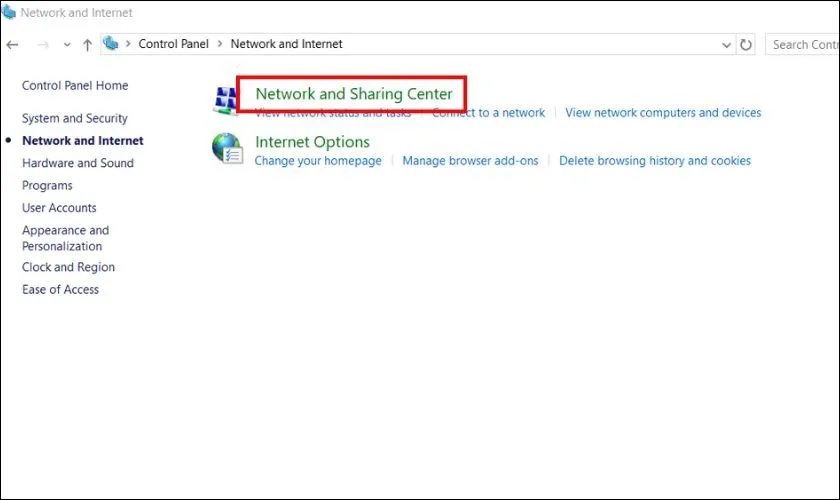 Mở Network and Sharing Center