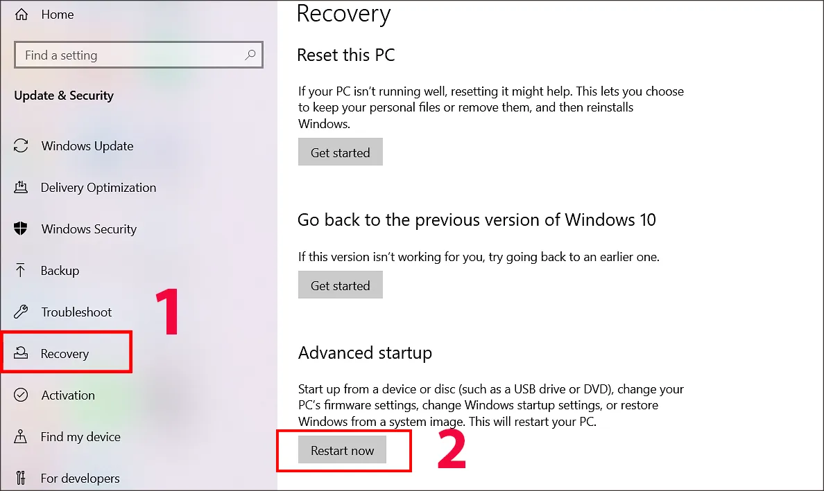 Khởi động lại vào Advanced startup