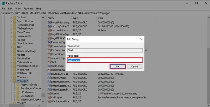 Chỉnh sửa Registry key Shell