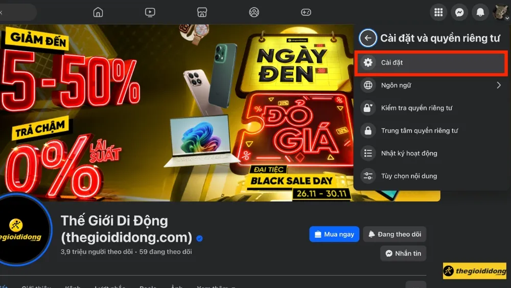 Chọn mục Cài đặt Facebook