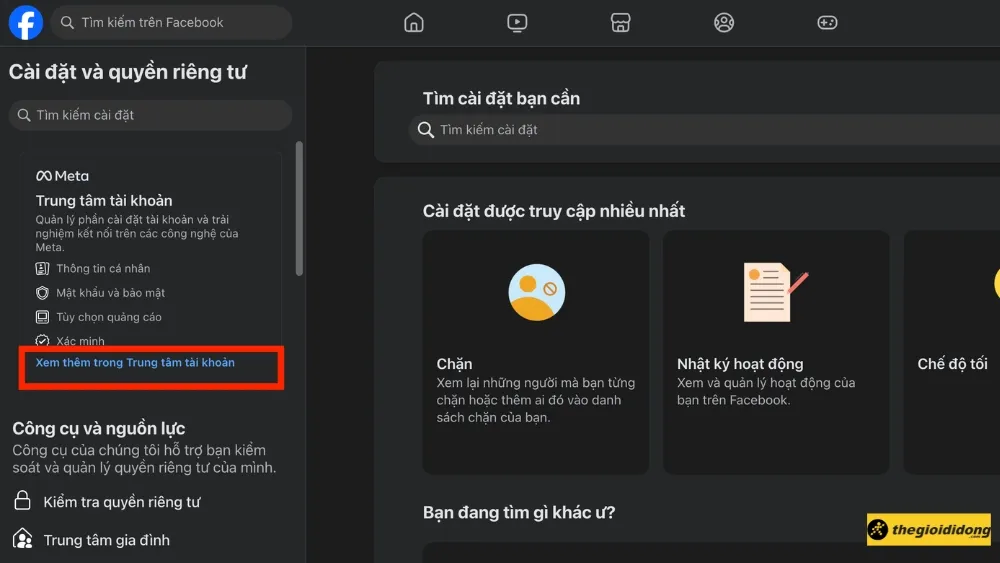 Truy cập Trung tâm tài khoản Meta