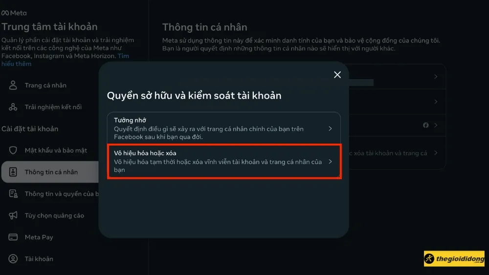 Chọn vô hiệu hóa tài khoản Facebook