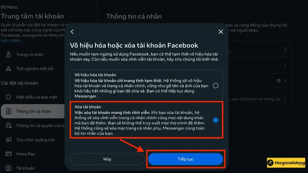 Chọn xóa tài khoản vĩnh viễn