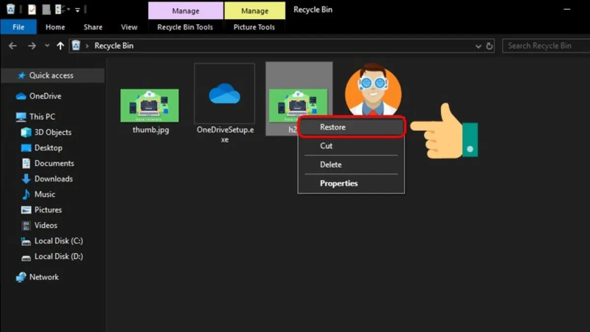 Giao diện Recycle Bin với các file đã xóa