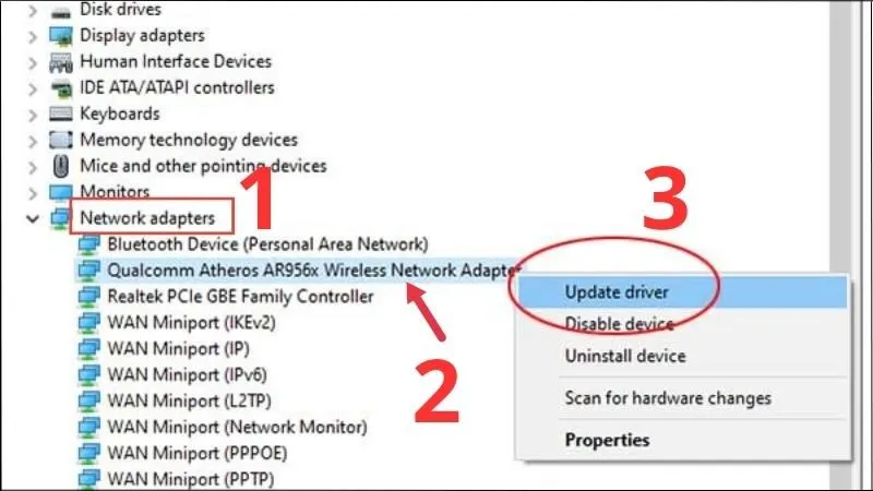 Mở mục Network Adapters > Chọn tên Wifi > Chọn Update driver