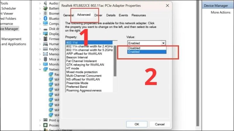 Chọn thẻ Advanced và kích chọn Enabled