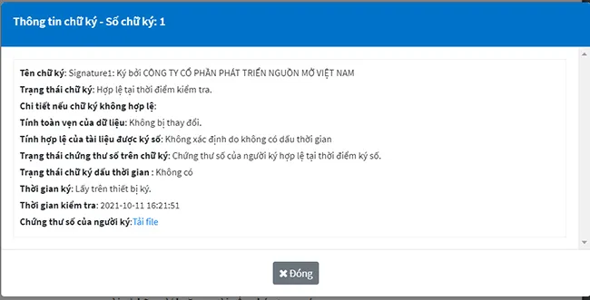 Kết quả kiểm tra chữ ký số hợp lệ