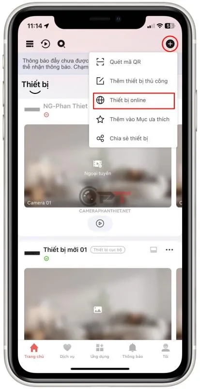 Menu thêm thiết bị