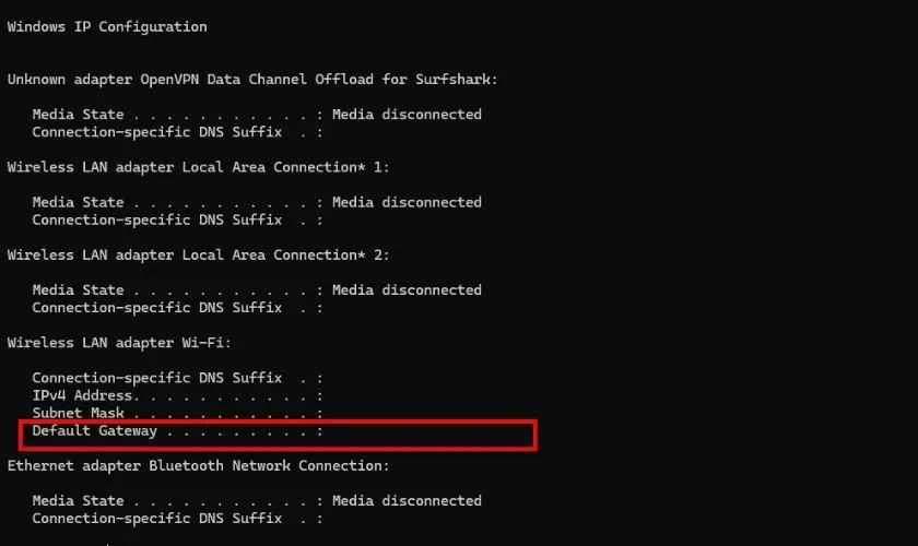Tìm địa chỉ IP gateway qua Command Prompt