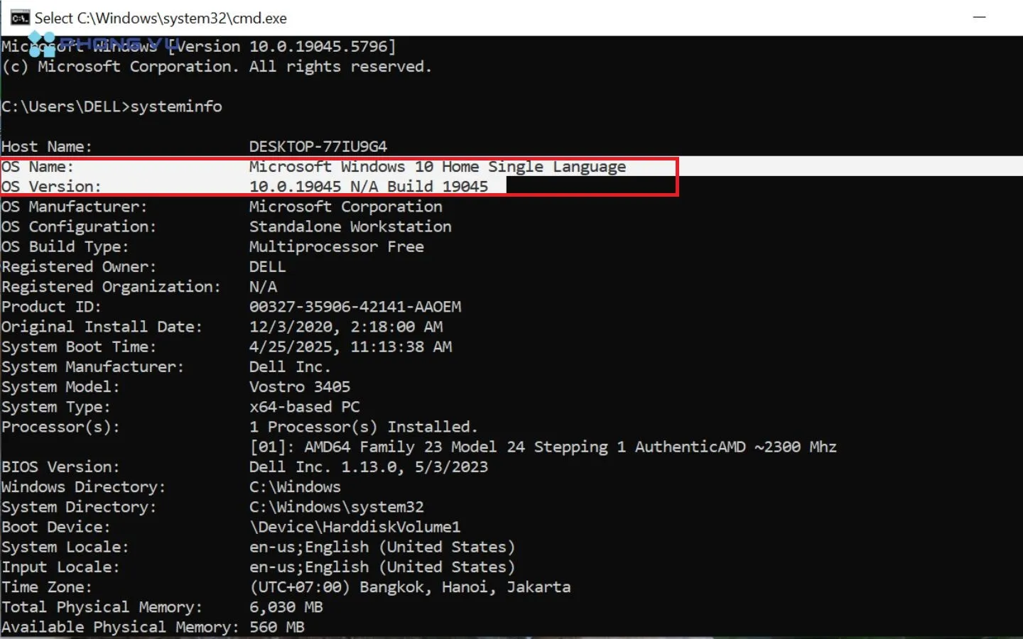 Command Prompt hiển thị thông tin chi tiết