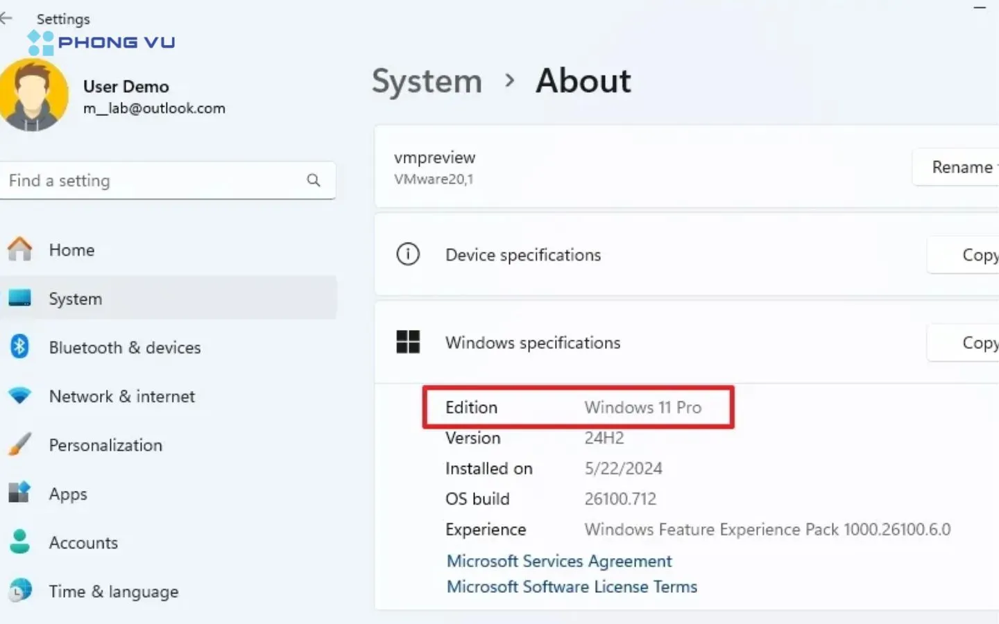 Kiểm tra Win 11 trong Settings