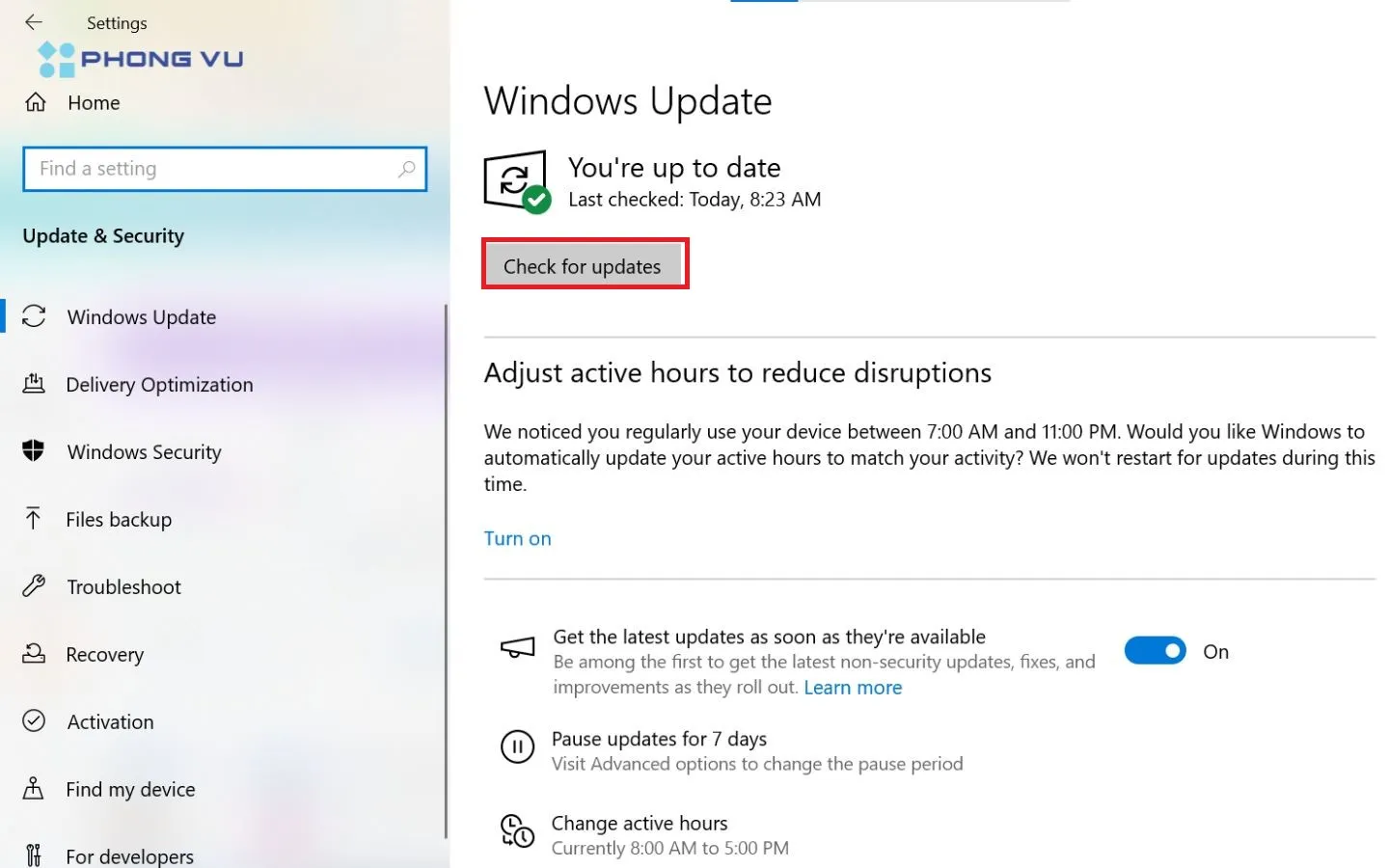 Cập nhật Windows trong Settings