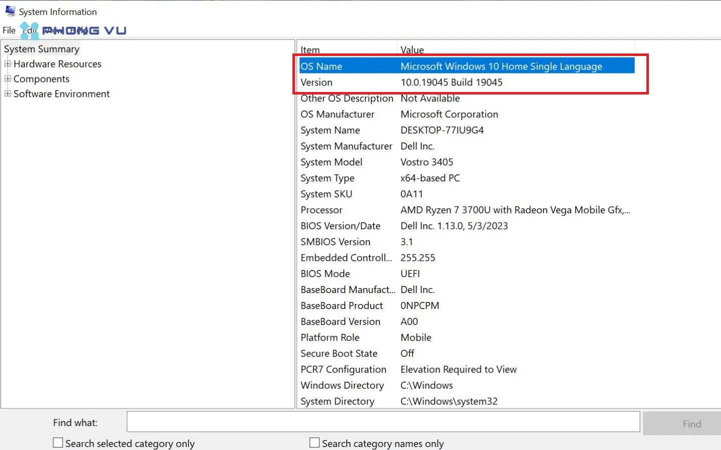System Information hiển thị chi tiết phiên bản Win