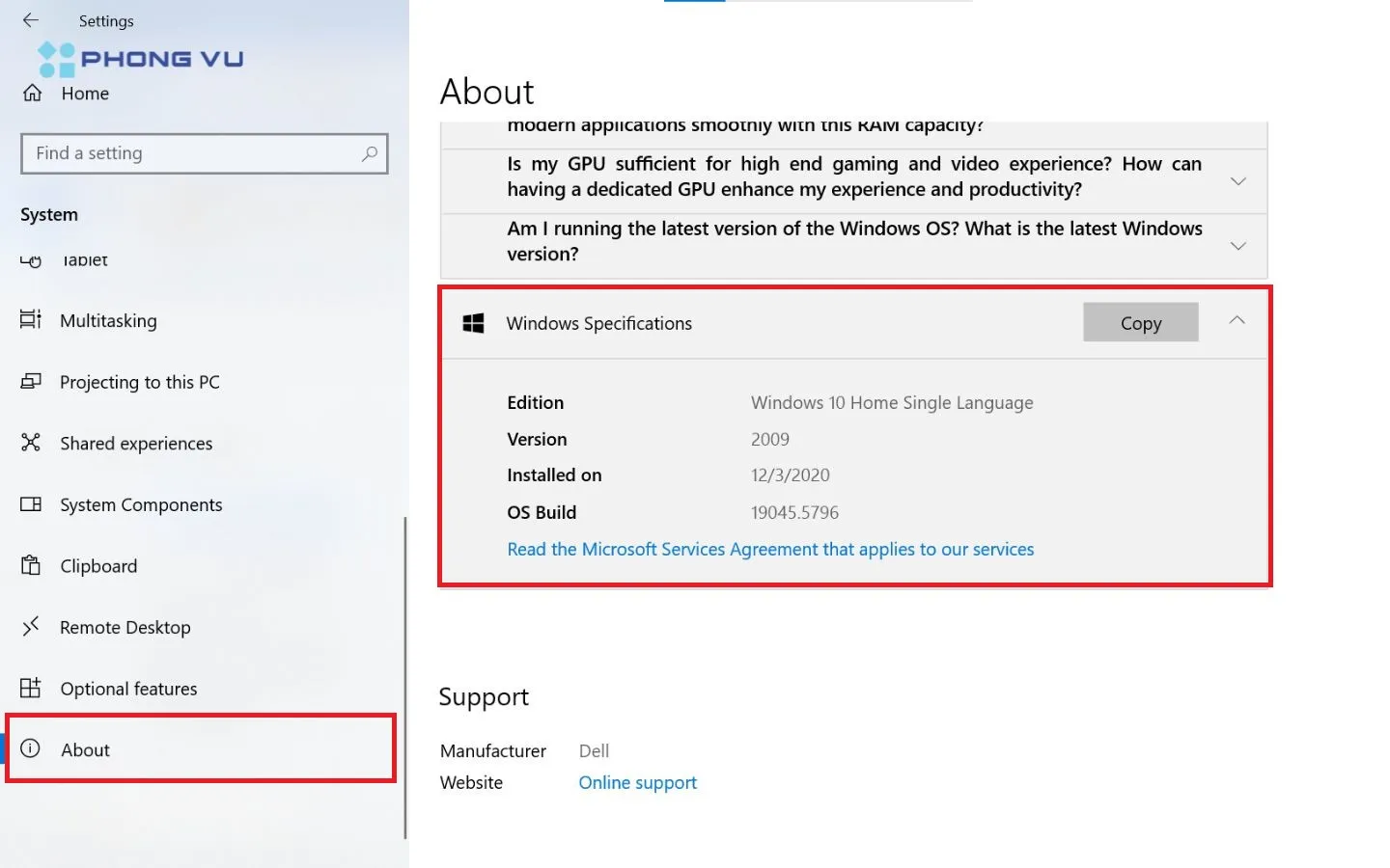 Kiểm tra Win trong Settings