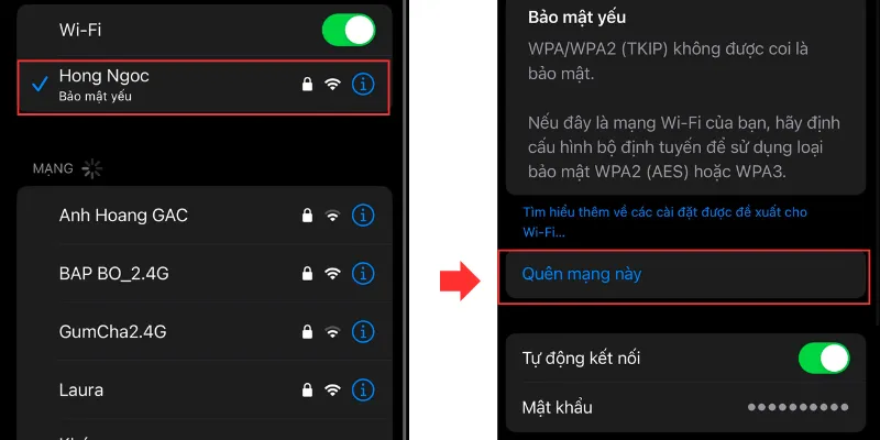 Quên mạng WiFi để kết nối lại