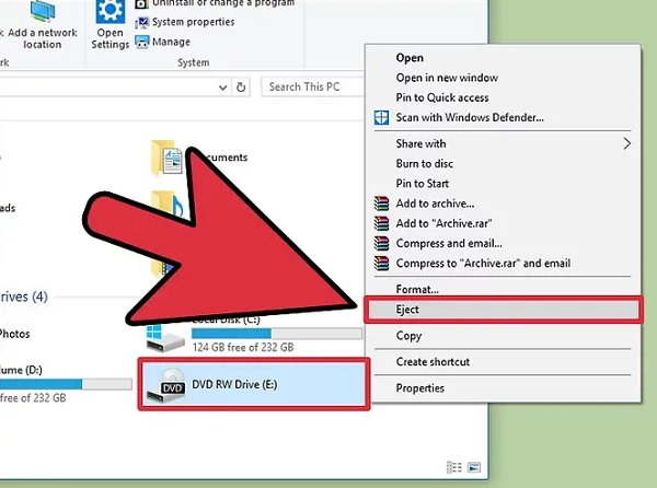 Thao tác Eject ổ đĩa trực tiếp trên giao diện máy tính