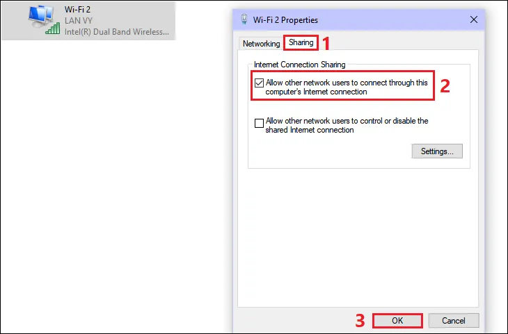 Cấp quyền chia sẻ dữ liệu mạng cho các adapter ảo khác