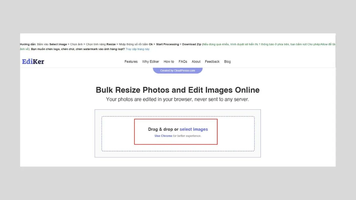 Cách Resize ảnh hàng loạt bằng web bietmaytinh bước 1