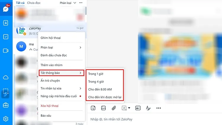 Menu tắt thông báo cho cuộc trò chuyện cụ thể