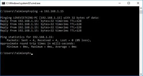Sử dụng Ping -A để ánh xạ địa chỉ IP sang tên máy tính