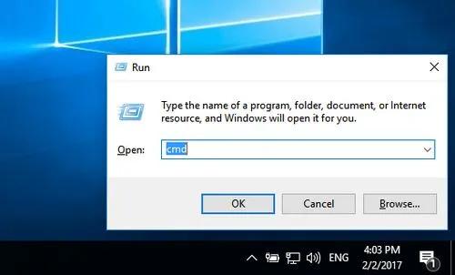 Mở cửa sổ Run và truy cập CMD để chuẩn bị quét IP