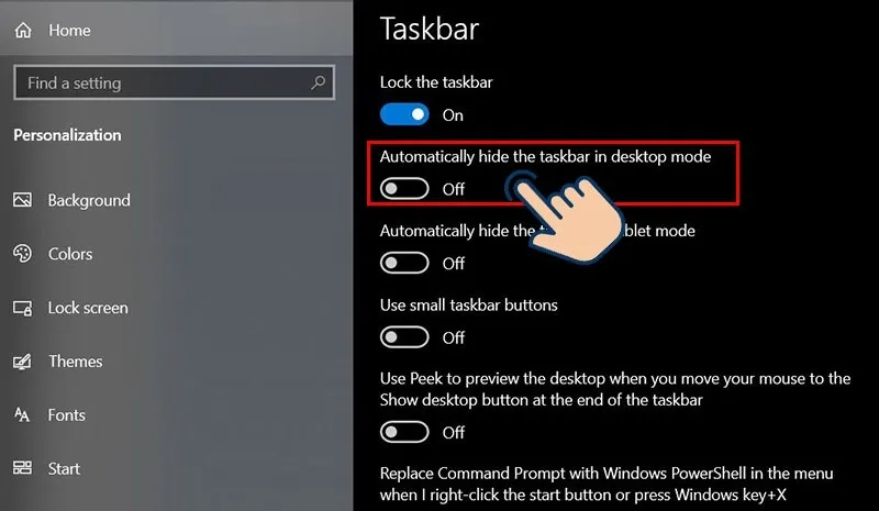 Tắt chế độ tự động ẩn Taskbar