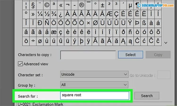 Nhập tìm kiếm biểu tượng căn bậc hai như hình