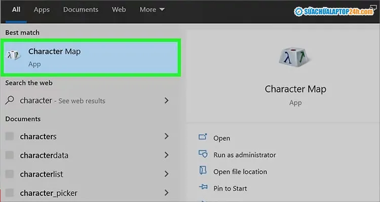 Chọn Character Map