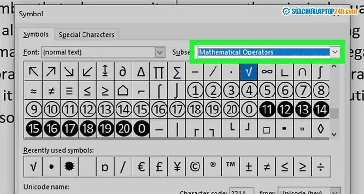 Nhập Mathematical Operators để tìm kiếm danh sách các biểu tượng toán học