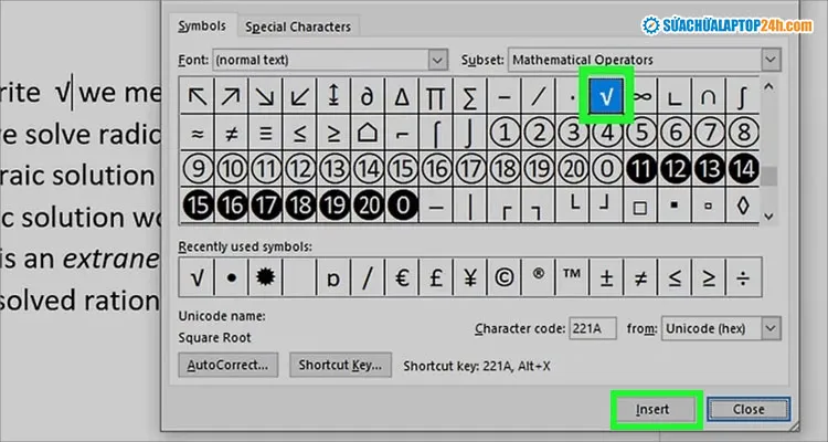 Chèn ký hiệu căn bậc hai vào vị trí con trỏ