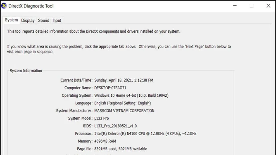 Xem thông tin ở 2 mục System và Display