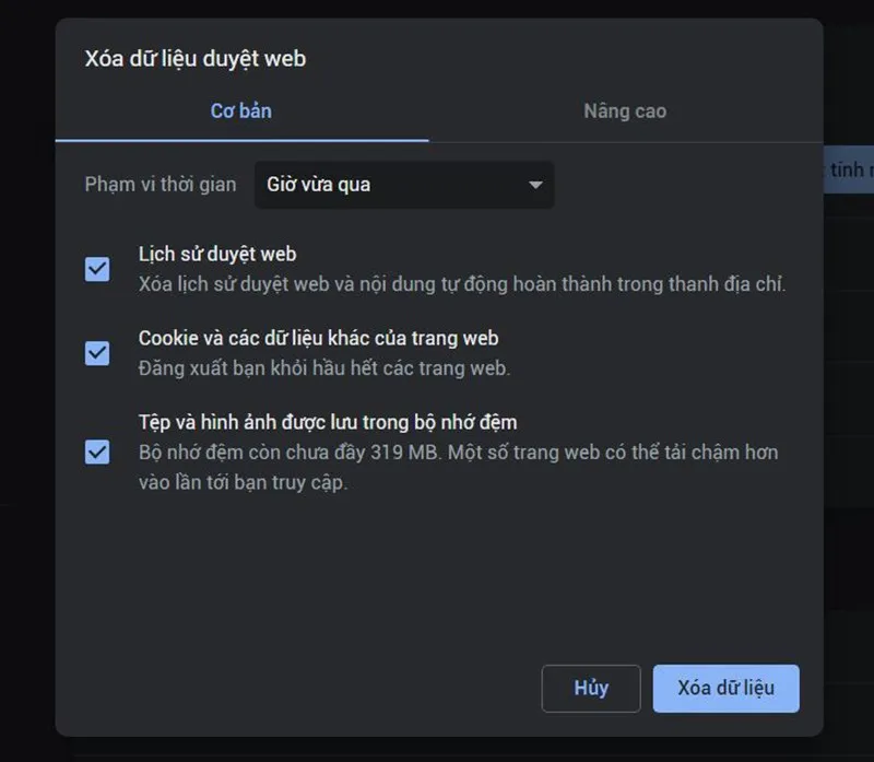 Cửa sổ xóa dữ liệu duyệt web trên Chrome máy tính