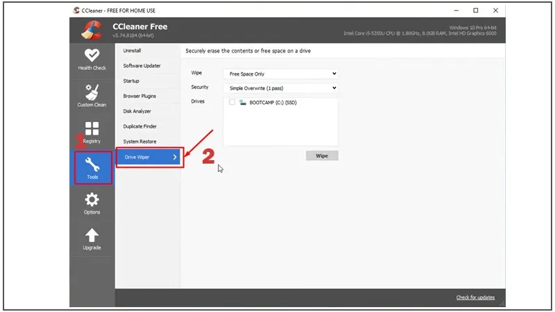 Chọn Tools và Drive Wiper trong CCleaner