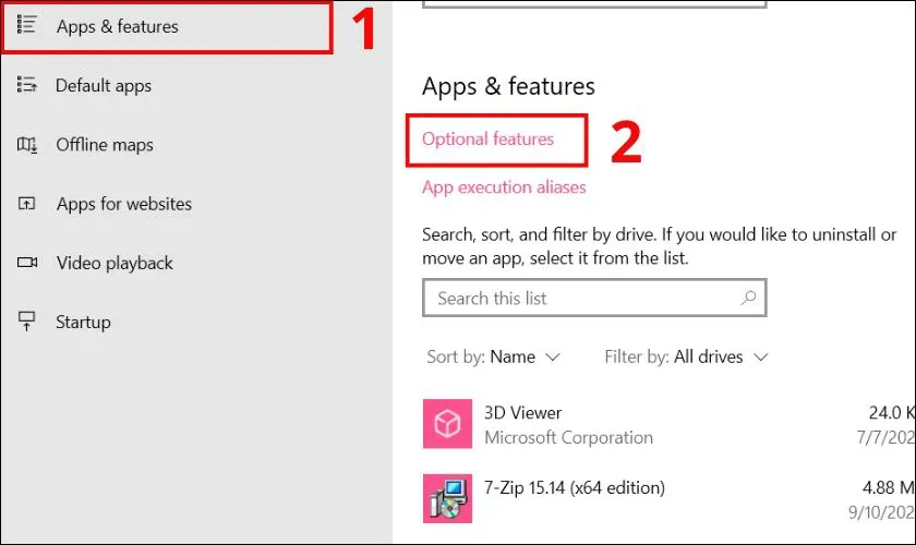 Truy cập Optional features
