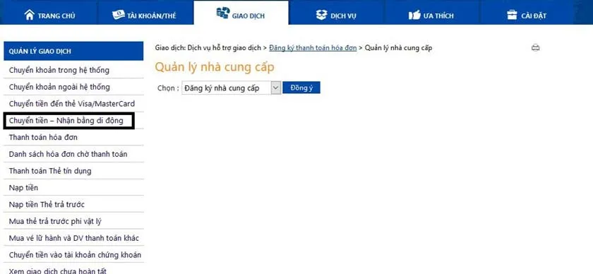 Menu quản lý giao dịch