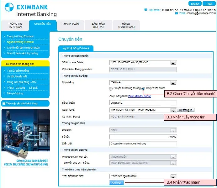 Menu chuyển tiền EximBank