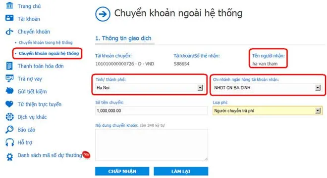 Giao diện chuyển khoản Viettinbank