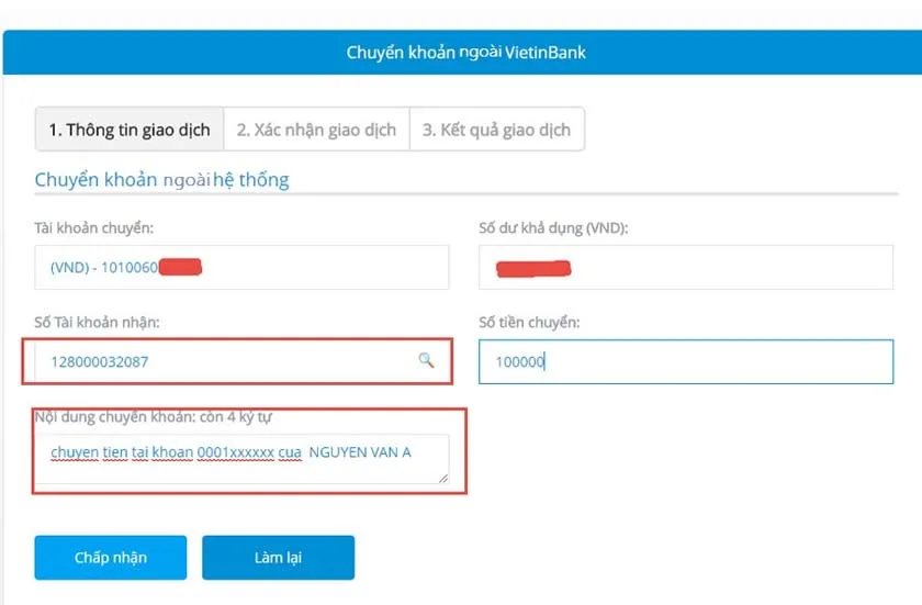 Form chuyển khoản liên ngân hàng Viettinbank