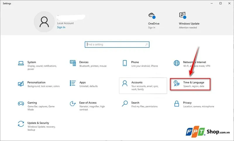 Chọn mục Time and Language trong cài đặt hệ thống Windows.