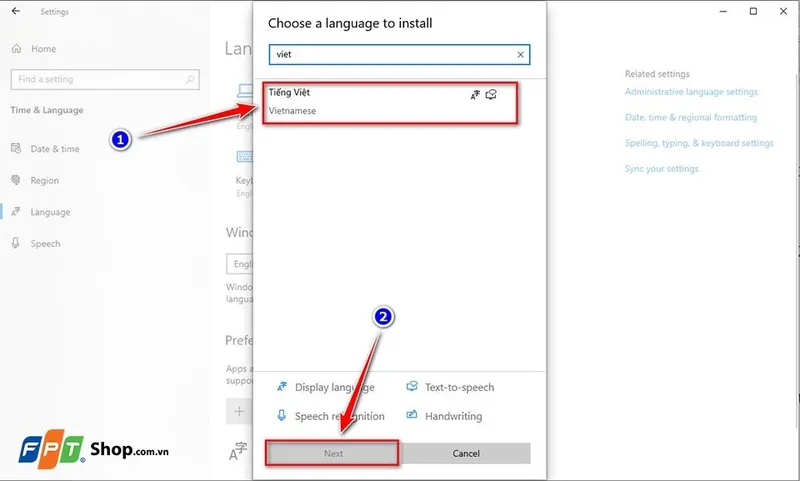 Tìm kiếm và chọn tiếng Việt trong kho dữ liệu Microsoft.