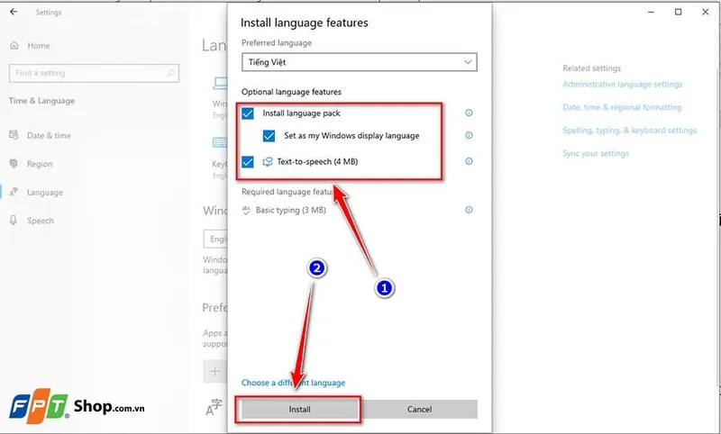 Đánh dấu các tùy chọn để cài đặt ngôn ngữ chính thức.
