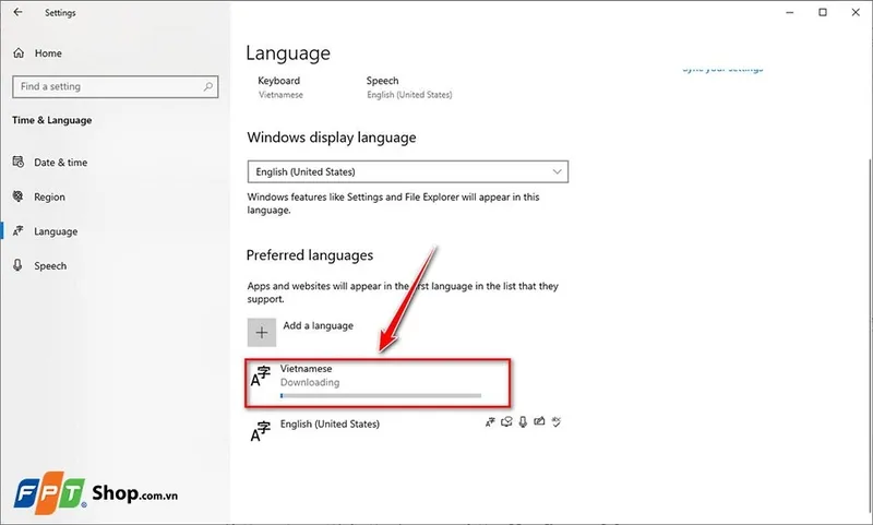 Quá trình tải gói ngôn ngữ từ máy chủ Microsoft 2026.